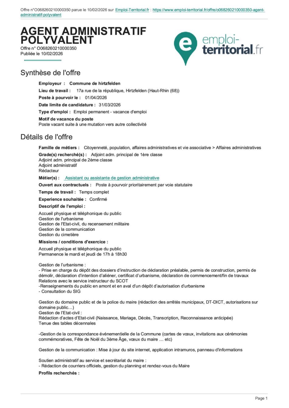 Emploi - AGENT ADMINISTRATIF POLYVALENT - COMMUNE DE HIRTZFELDEN1