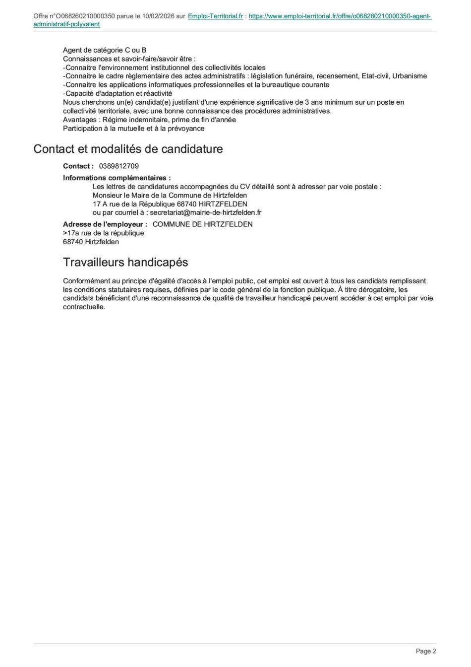 Emploi - AGENT ADMINISTRATIF POLYVALENT - COMMUNE DE HIRTZFELDEN2