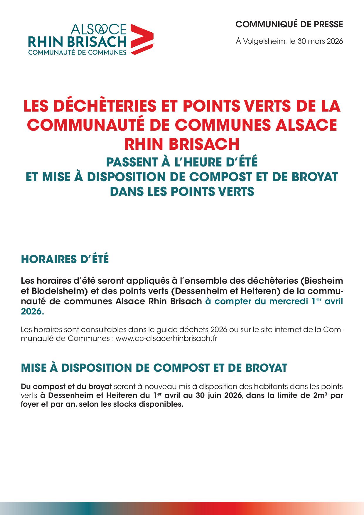 CCARB - Horaires d'été 2026